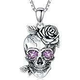QKABTI Gothic Skull Rose Necklace for Women, Sterling Silver with Gemstone Pendant, Unique Punk Alternative Jewelry Birthstone Gift