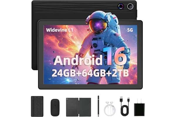 Gleeso Tablet, Latest Android 16 Tablet 10 Inch, 24GB+64GB+2TB TF, 6000mAh Battery, Dual Camera, Widevine L1, Face ID, WiFi 6, BT 5.4, 2-in-1 Tablets with Keyboard Mouse Pen Protective Case