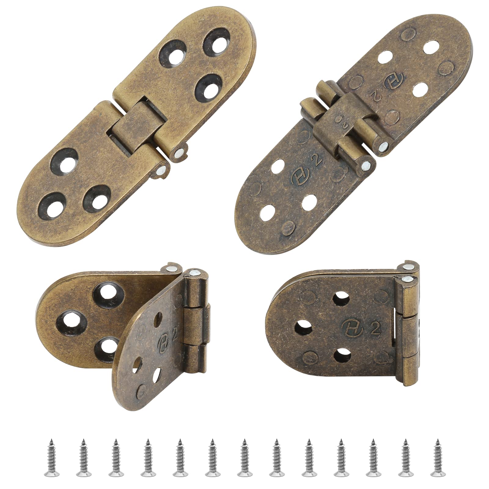 Cjueiom 4PCS Folding Table Hinge With Screws, 180 Degree Round Cabinet Hinge, Retro Door Hinges, Folding Flip Top Zinc Alloy Hinges for Cupboard Drawer Wardrobe Wooden Box (Antique Brass)