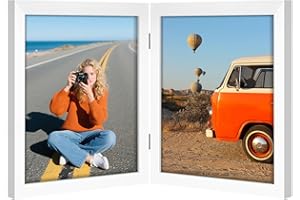 Vittanly 8x10 Double Picture Frame, Hinged 2 Opening MDF Photo Frames with Plexiglass, Vertical Tabletop Stand, White