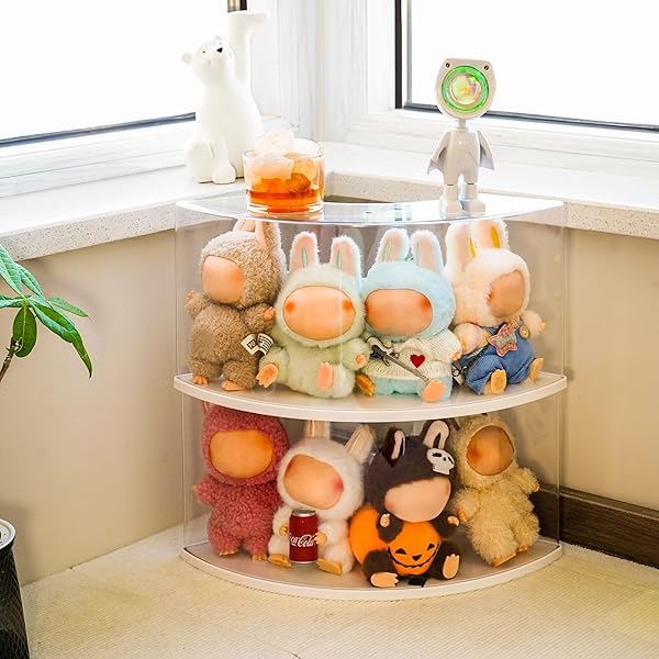 TREAYES ARC-SHAPED CLEAR DOLL DISPLAY CASE COMPATIBLE WITH LABUBU – CURVED CORNER STACKABLE ORGANIZER FOR 7 INCH COLLECTIBLES, DUST-PROOF TOY STORAGE BOX WITH TOP SHELF | NO ASSEMBLY NEEDED