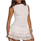 BEAUDRM Women's Y2k Floral Lace Ruffle Hem Layered Mini Dress Sleeveless Boat Neck Summer A-Line Short Dress