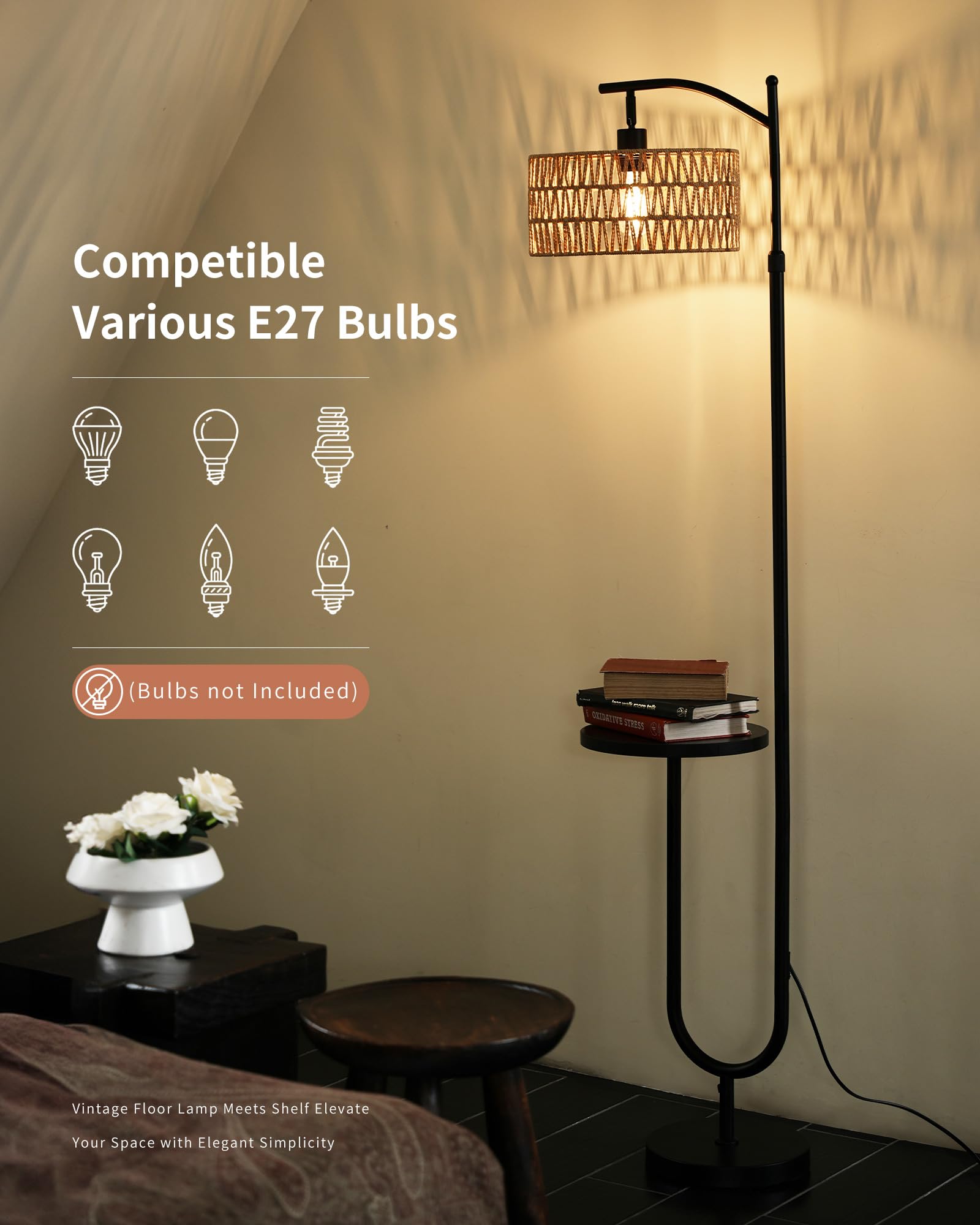 LuminexDesigns Stehlampe Wohnzimmer Vintage Rattan - Stehleuchte Schwarz Retro E27 mit Ablage Höhenverstellbar 176CM Boho Standleuchte mit 2M Kabel Fußschalter Beige Standlampe für Schlafzimmer 2