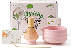 YumiPLUS 5pcs Peach Pink Matcha Set,15oz Ceramic Bowl with Spout and Bamboo Whisk set,Tea Making Kit for mother/sister/daughter/girl friends(pink)