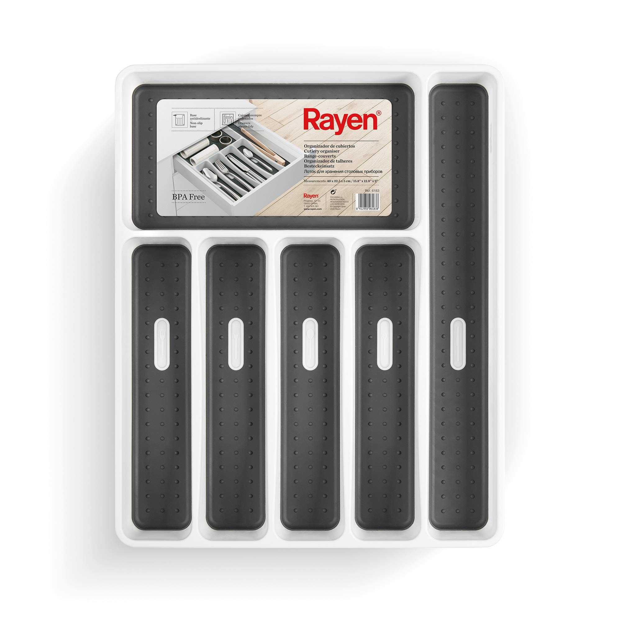 Rayen | Cutlery Organizer | 6 Compartments | Kitchen Drawer Organizer | Non-Slip Legs | Polypropylene | White | Size: 40 x 32.5 x 5 cm