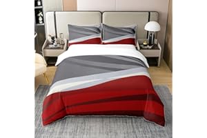 jejeloiu Duvet Cover 100% Cotton,Geometric Strip Lines Bedspread Cover for Home Living Room Decor,Reversible Modern Abstract Art Red Black Grey Decorative Bedspread Cover,Queen Size