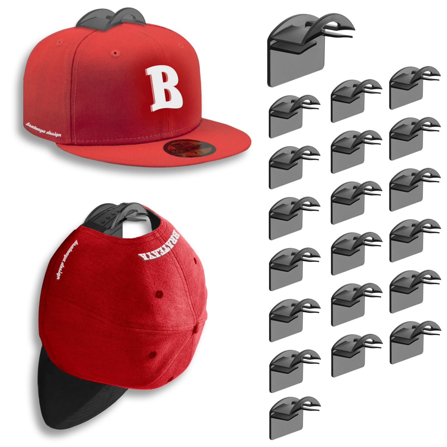 BRATEAYA Hat Hangers for Wall, Stronge Adhesive Hat Holders Display, No Driling Caps Holder Organizer, 20 Pack Hat Hook for Baseball Caps, Wall Mounted Cap Rack, Translucent Black