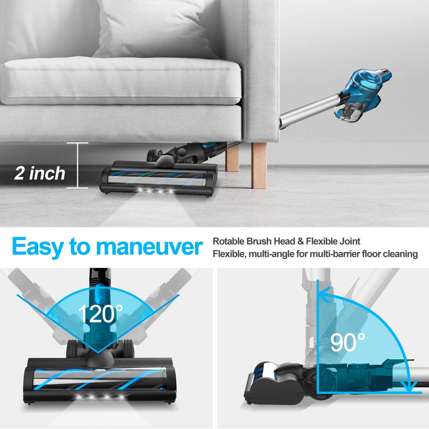 Cordless Vacuum Cleaner, 23Kpa 250W Brushless Motor Stick Vacume, Up to 45 Mins Max Runtime 2500mAh Rechargeable Battery, 10-in-1 Lightweight Handheld for Carpet Hard Floor Car Pet Hair, Blue-INSE S6 -