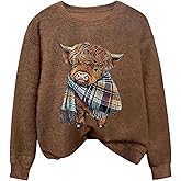 GORGLITTER Women's Plus Size Cute Highland Cow Sweater Crew Neck Long Sleeve Cozy Fall Pullover Sweaters