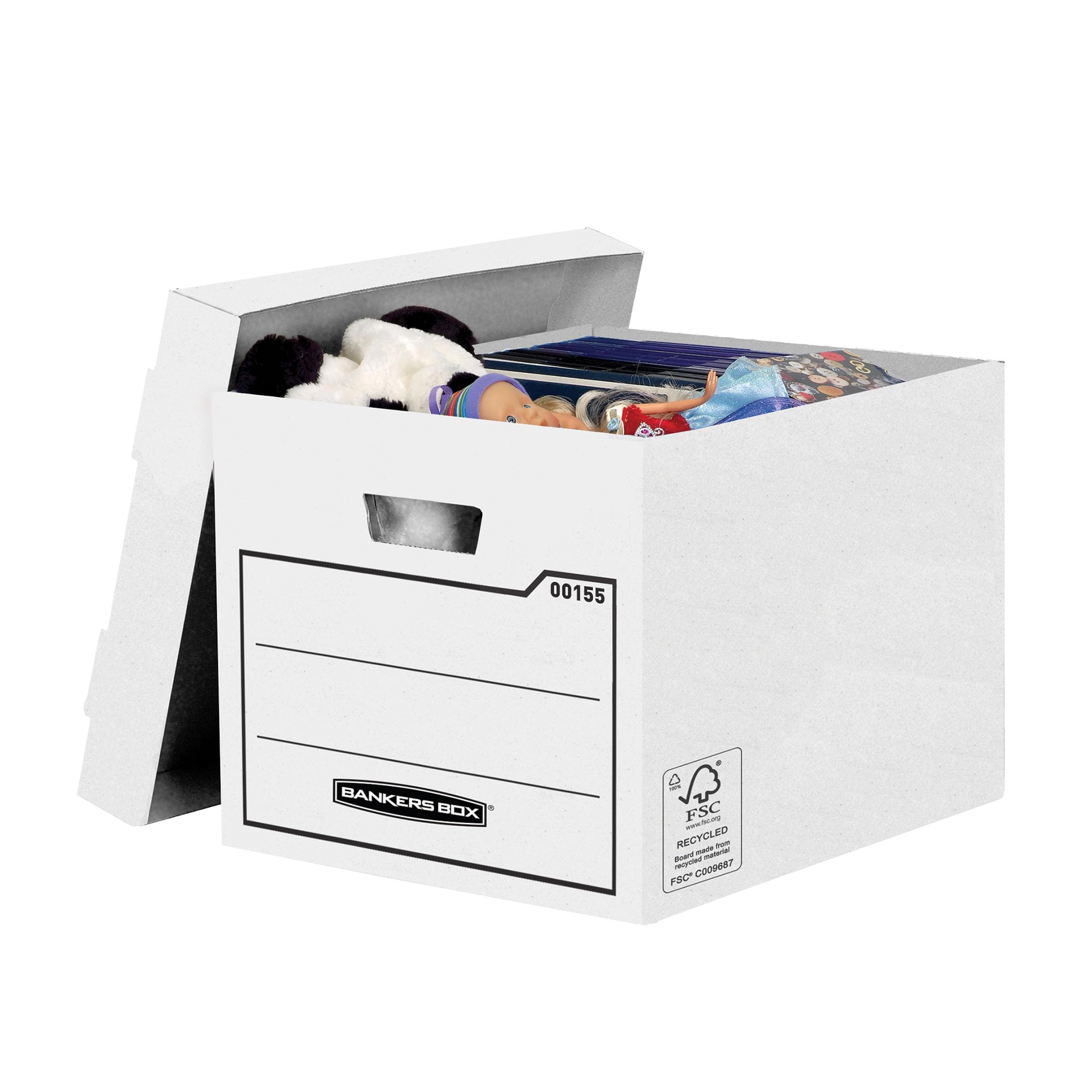 10 BANKERS BOX Storage Boxes Durable Storage Boxes with Lids - Heavy Duty Cardboard Boxes with Handles for Storage & Relocating - W32.5 x H28.5 x D39cm (Pack of 10) - White