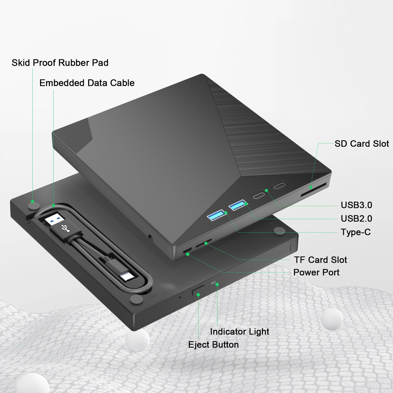 External CD/DVD Drive for Laptop, 7-in-1 CD Burner USB 3.0 and Type-C Portable DVD Burner CD ROM DVD Player Portable CD Reader Compatible with Latptop PC Windows XP/7/8/10, Linux Mac OS