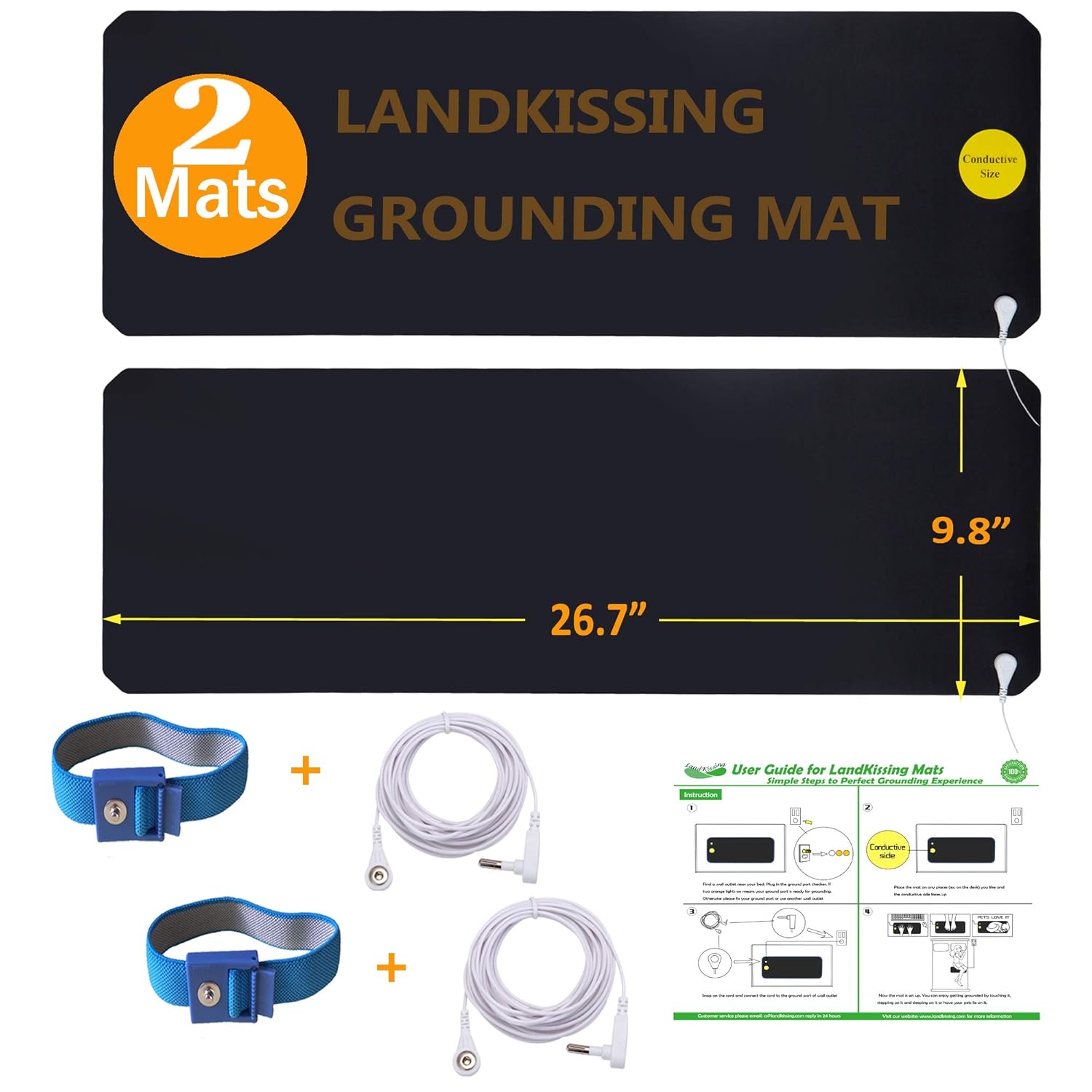 LandKissing® Grounding Mats Kit (2sets) for Healthy Earth Energy with 2 Grounding Wrist Band and 2 Straight Cords