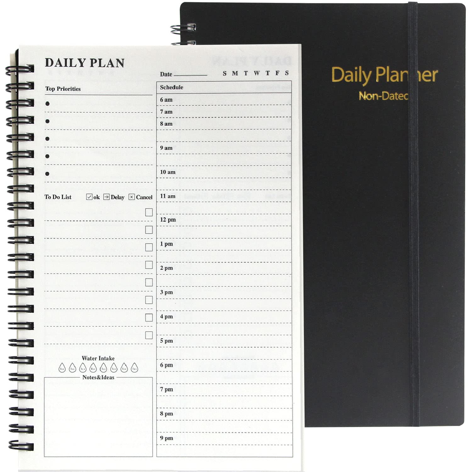 Undated Daily Planner, Hourly 152 Pages, To Do List Notebook, Time Management Manual and Planner with Flexible Cover, Elastic Closure, Inner Pocket, 5.6"x8.3" Black