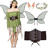 ZhouBoat 5 Pcs Women Fairy Costumes Set Off Shoulder Renaissance Short Dress with Leaf Crown Elf Ear Wings Corset Green