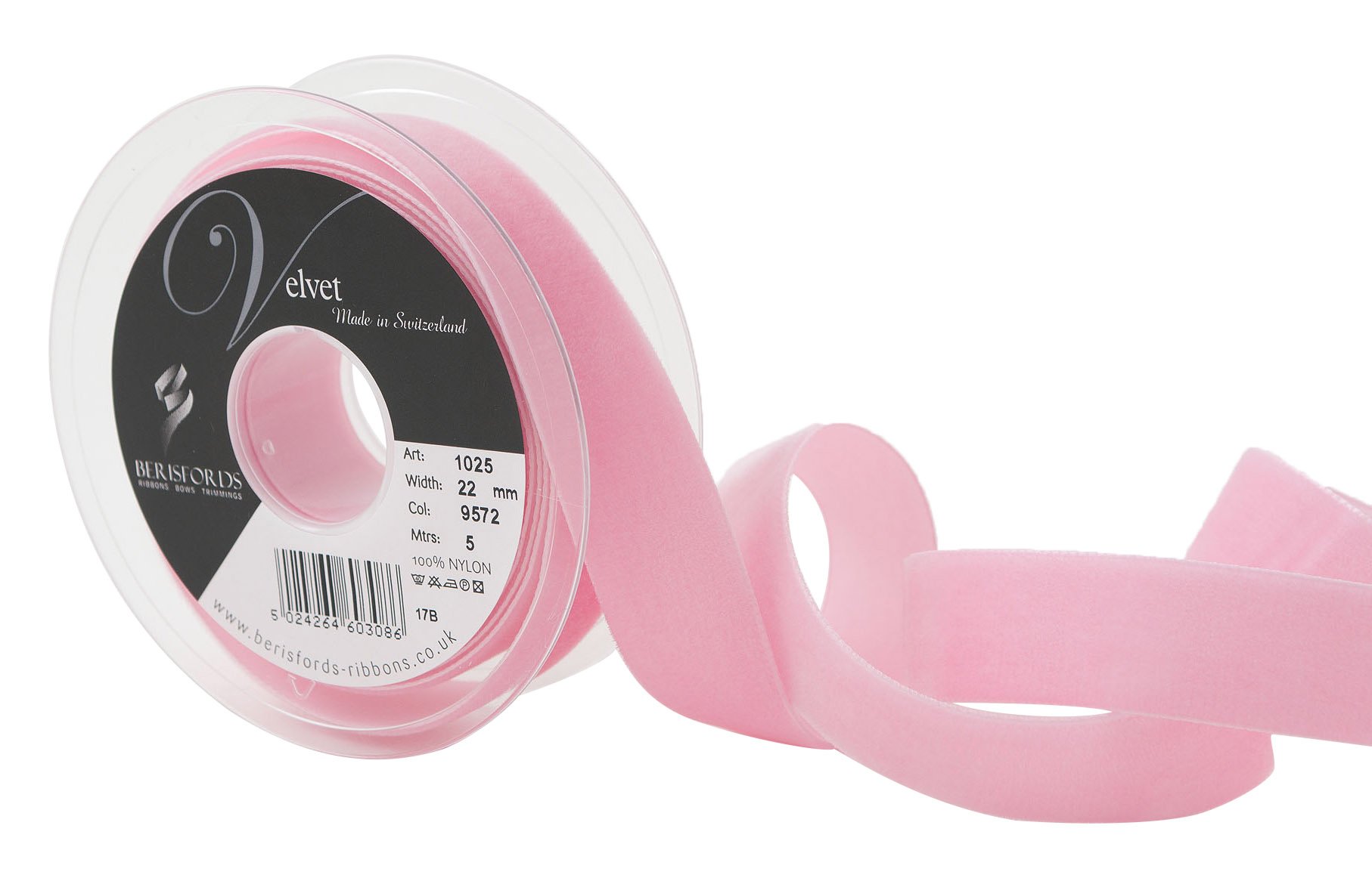 Berisfords Velvet Ribbon, Blush Rose, 10.2 x 3 x 10.2 cm