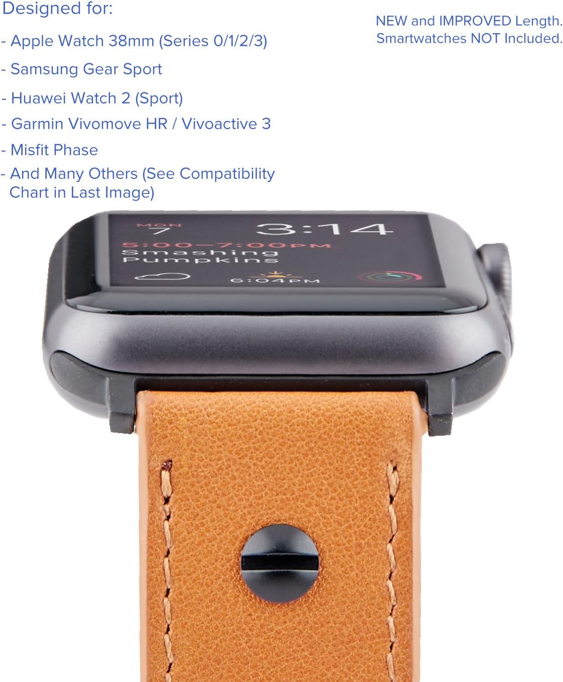 [Upgraded] TRUFFOL 20mm Genuine Leather Band for Apple Watch 38mm, Misfit Vapor, Samsung Gear Sport - Quick Release Strap Wristband (Vintage Cognac Brown/Black Buckle)