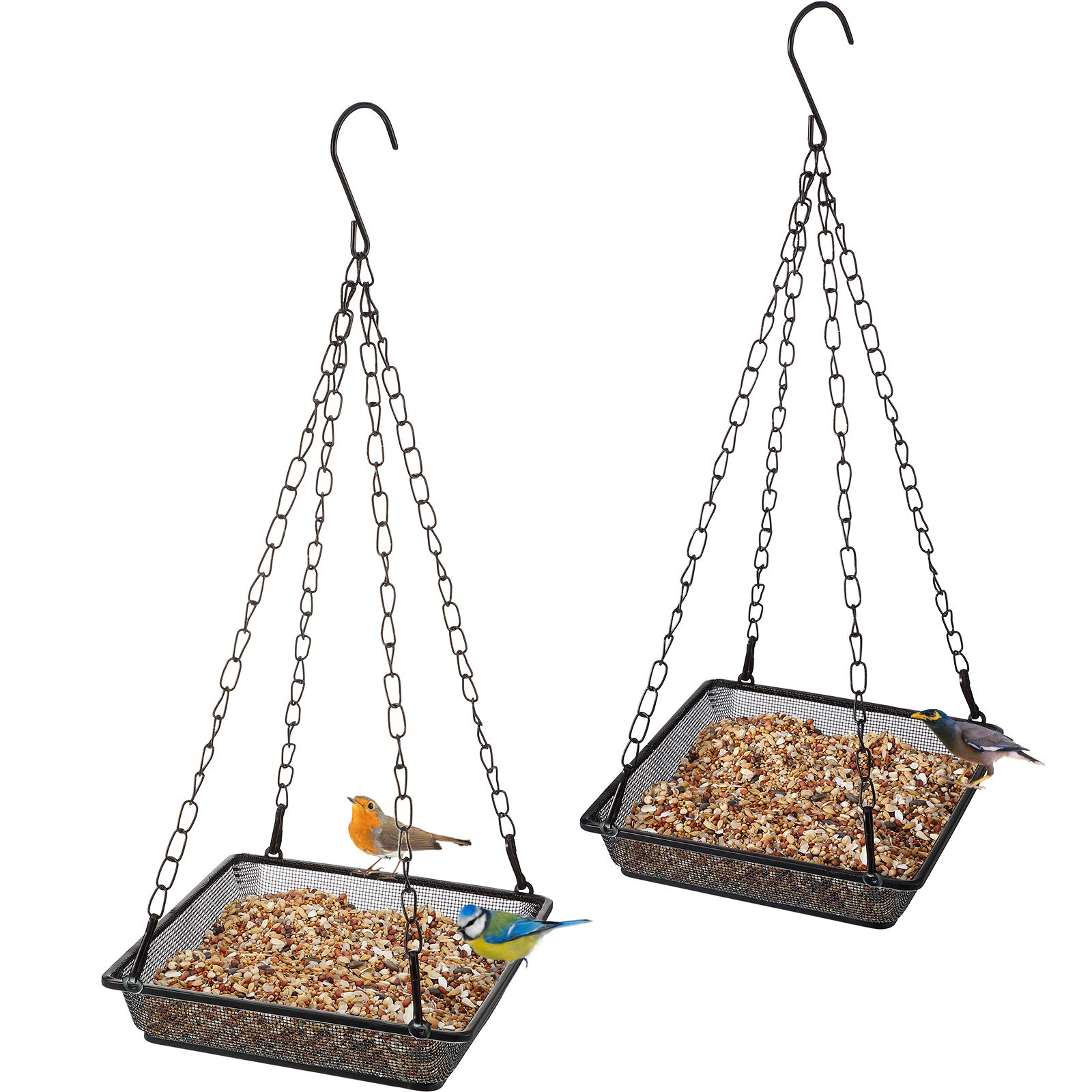 2 Pieces Metal Hanging Bird Feeder Tray, Mesh Bird Feeding Tray Seed Tray Platform with Chains Outdoor Garden Decoration for Hanging Wild Backyard Attracting Birds (Black)