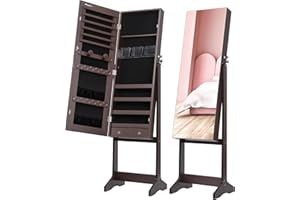 Nicetree Jewelry Cabinet with Full-Length Mirror, Standing Lockable Jewelry Armoire Organizer, 3 Angel Adjustable (Brown)