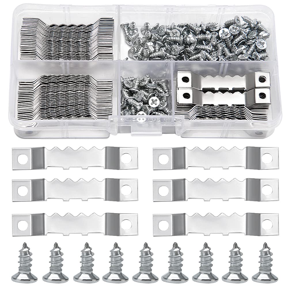 YIXISI 85 PCS Sawtooth Picture Frame Hangers + 170 PCS Screws, Sawtooth Photo Frames Holder Double Hole, for Art Photo Canvas Wall Mounting, Silver (45 x 8mm)