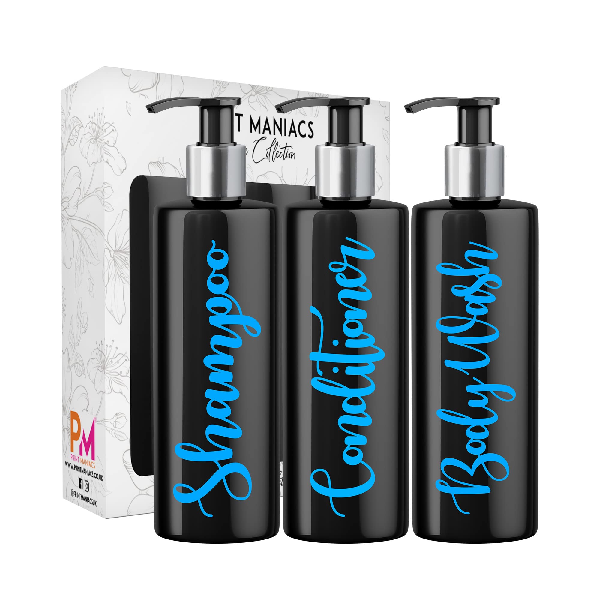 Print Maniacs 3 Set Mrs Hinch Inspired Black Personalised Dispenser Pump Bottles Shampoo Conditioner Body Wash (Baby Blue)