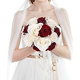 HOMENERGY Wedding Bouquets for Bride - Artificial Bridal Flowers Bouquet with Fake Peals Pre-Made Fake Rose Bridesmaid Bouquet for Wedding Centerpieces Decorations - Champagne White and Burgundy
