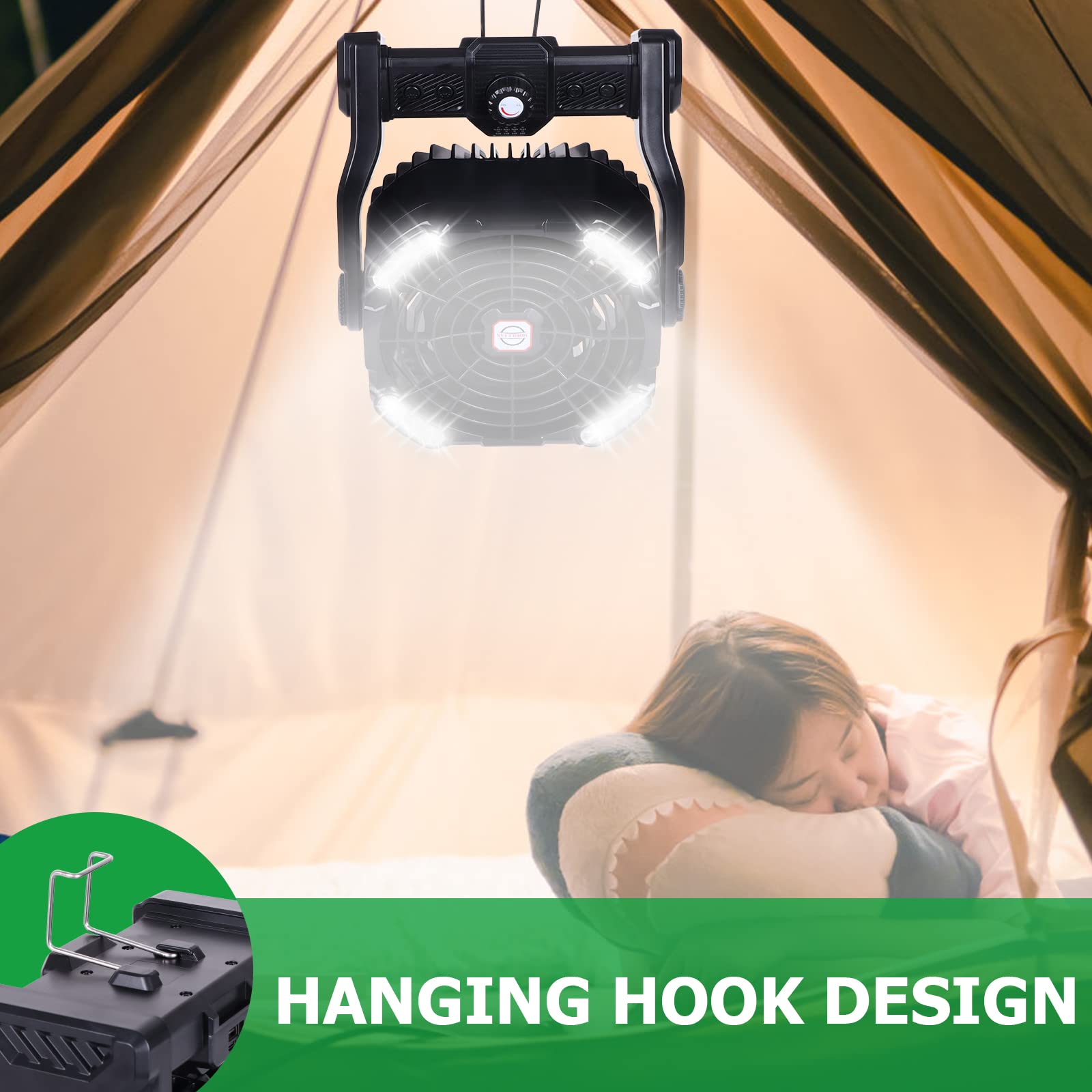 Battery Powered Fan,20000mAh Camping Essentials Rechargeable Cordless Camping Fan with LED Light & Hook，270° Pivot USB Table Battery Operated for Tent Black X26