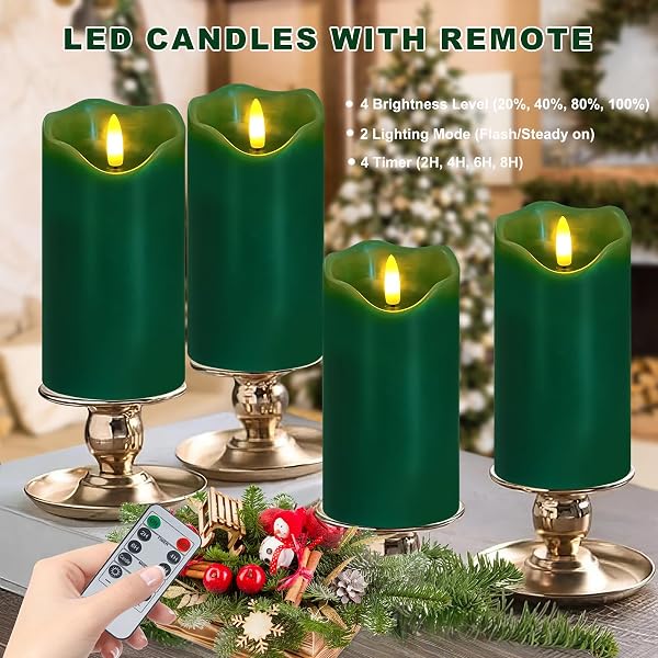 VEEKI FLAMELESS CANDLES LIGHT, SET OF 2 6″X3″ FLICKERING CHRISTMAS FLAMELESS CANDLES WITH REMOTE & TIMER, DIMMABLE REAL WAX PILLAR CANDLES BATTERY OPERATED, GREEN CANDLES FOR HOME XMAS DECOR (GREEN)