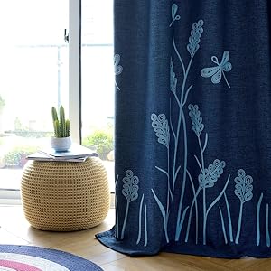 Melodieux Wheat Embroidery Faux Linen Blackout Curtains for Living Room Bedroom Noise-Free Grommet Window Drape, Navy/Blue, 52 by 84 Inch (1 Panel)
