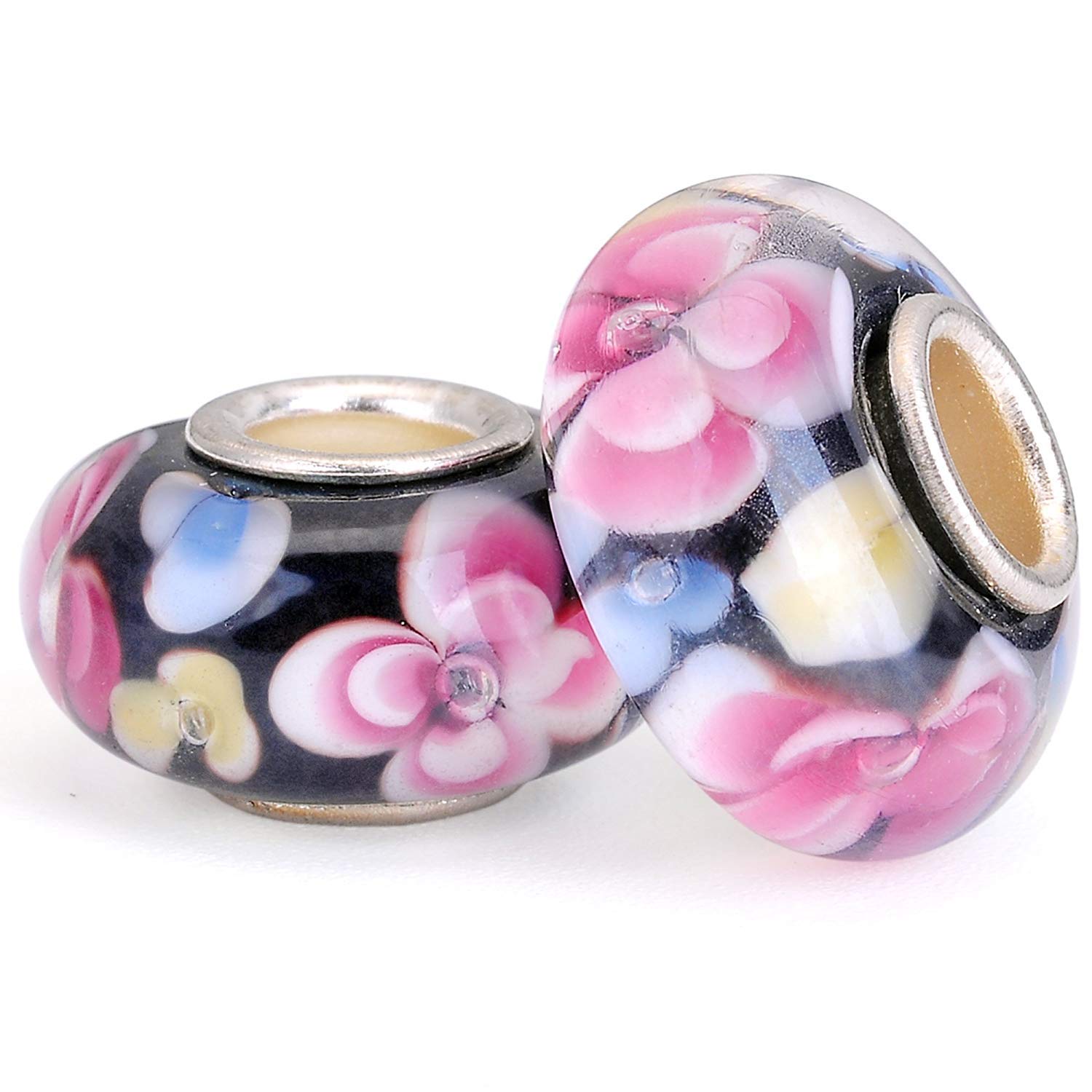 RUBYCA Floral Murano Glass Charm Beads Silver Colour Core fit European Bracelet Jewellery Making 6pcs