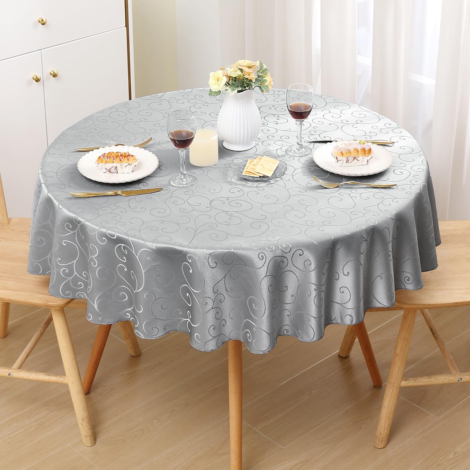 Homaxy Table Cloth Round 150 cm, Washable Polyester Jacquard Tablecloth, Dust-Proof Table Cover for Kitchen Dinning Indoor Decoration, Grey