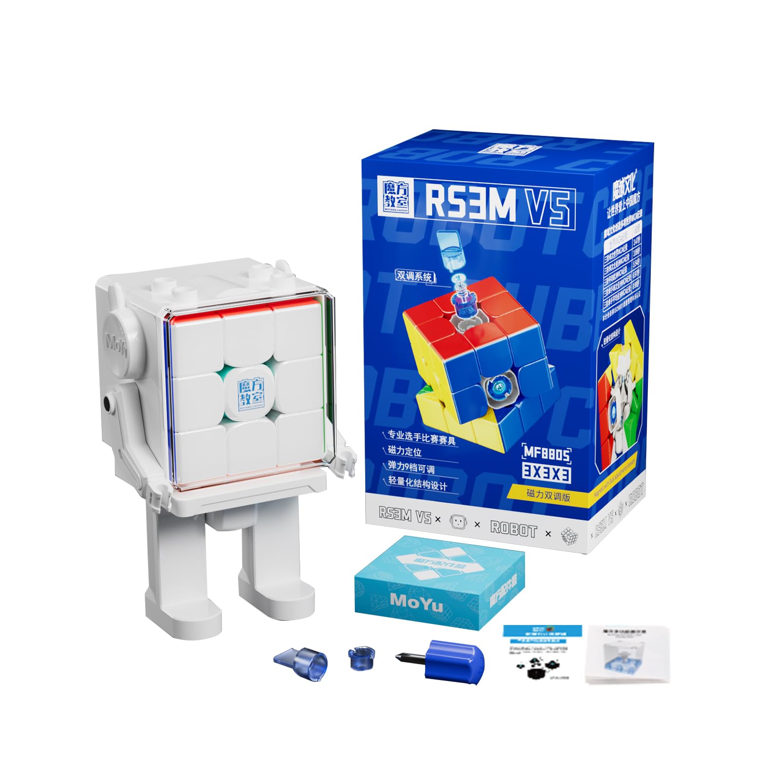 Moyu RS3M V5 Speed Magic Cube 3 x 3 x 3, Stickerless 3 x 3 Cube Smooth Easy to Turn, for Competition Training and Birthday Gifts (Robot Shape Display Box Dual-Adjustment Version)