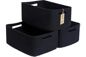 MiniArk Large Storage Baskets for Shelves, Closet Organizers Bins for Clothes Blanket Towels, Baby Nursery, Toy Baskets Box, Woven Rope Baskets, 17 x 13 x 7.5”, 3 Packs Black