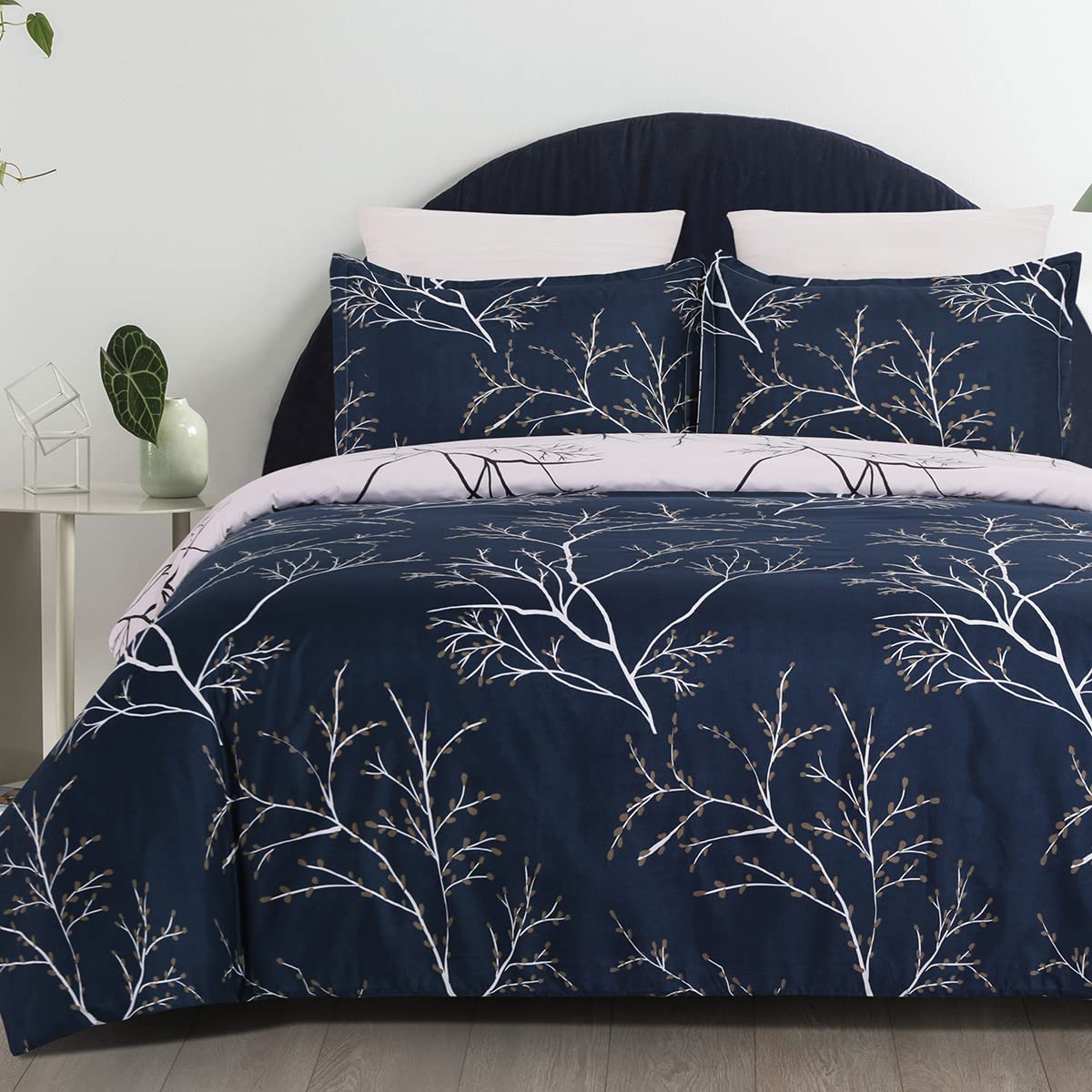 YEPINS Quilt Duvet Cover Set with Zipper Closure and Corner Ties, Plum Blossom/Branch Floral Printed Pattern, Navy and Beige Color, Reversible Design- Brushed Microfiber Super King Size