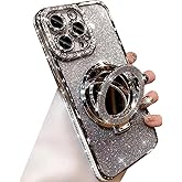 Changjia Magnetic Kickstand Glitter Case for iPhone 13 Pro Max,[Compatible with Magsafe] Bling Sparkly Rhinestones with Camera Protector & Makeup Mirror Women Girls Case for iPhone 13 Pro Max (Silver)