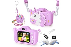 ArtCWK Kids Camera for Girls, Purple-Unicorn, 3-8 Year Old, 20MP, 1080P Video, 32GB MicroSD Card, Pop Purse Gift, Anti-Fall Silicone Case, 3 Puzzle Games