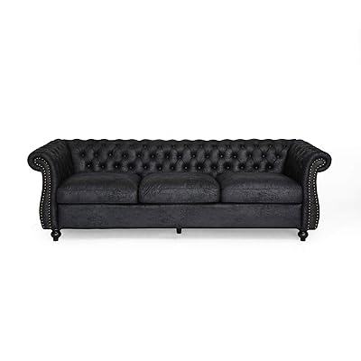 Vita Chesterfield Tufted Microfiber Sofa with Scroll Arms, Black