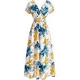winkbay Women's Summer Floral Maxi Dress Elegant Wrap V Neck A Line Flowy Boho Party Sundress Vacation Outfits