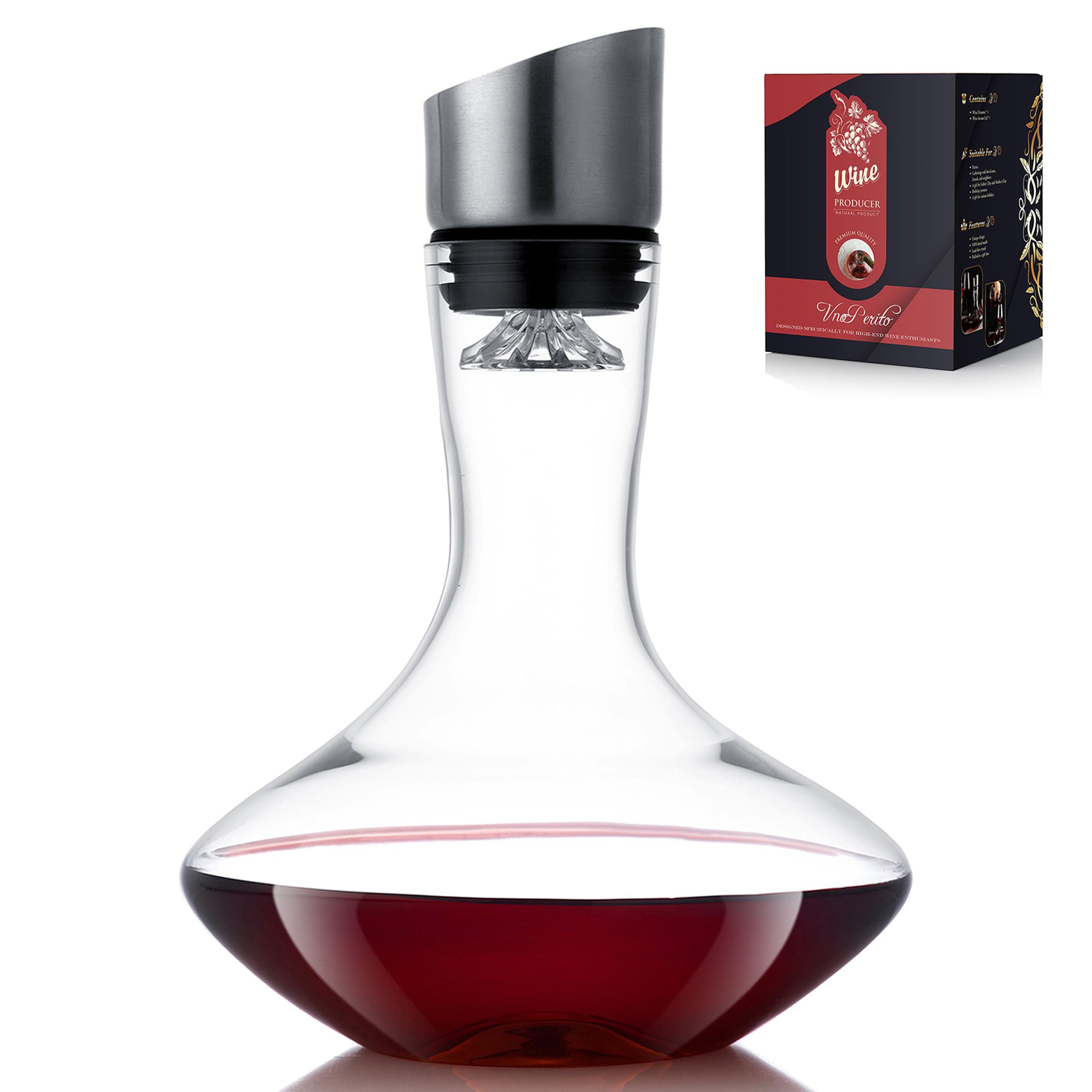 Wine Decanter,Red Wine Carafe,Decanter with Built-in Aerator Pourer, 100% Hand Blown Lead-Free Crystal Glass with Stainless Steel Pourer Lid, Filter, Wine Gifts for Men