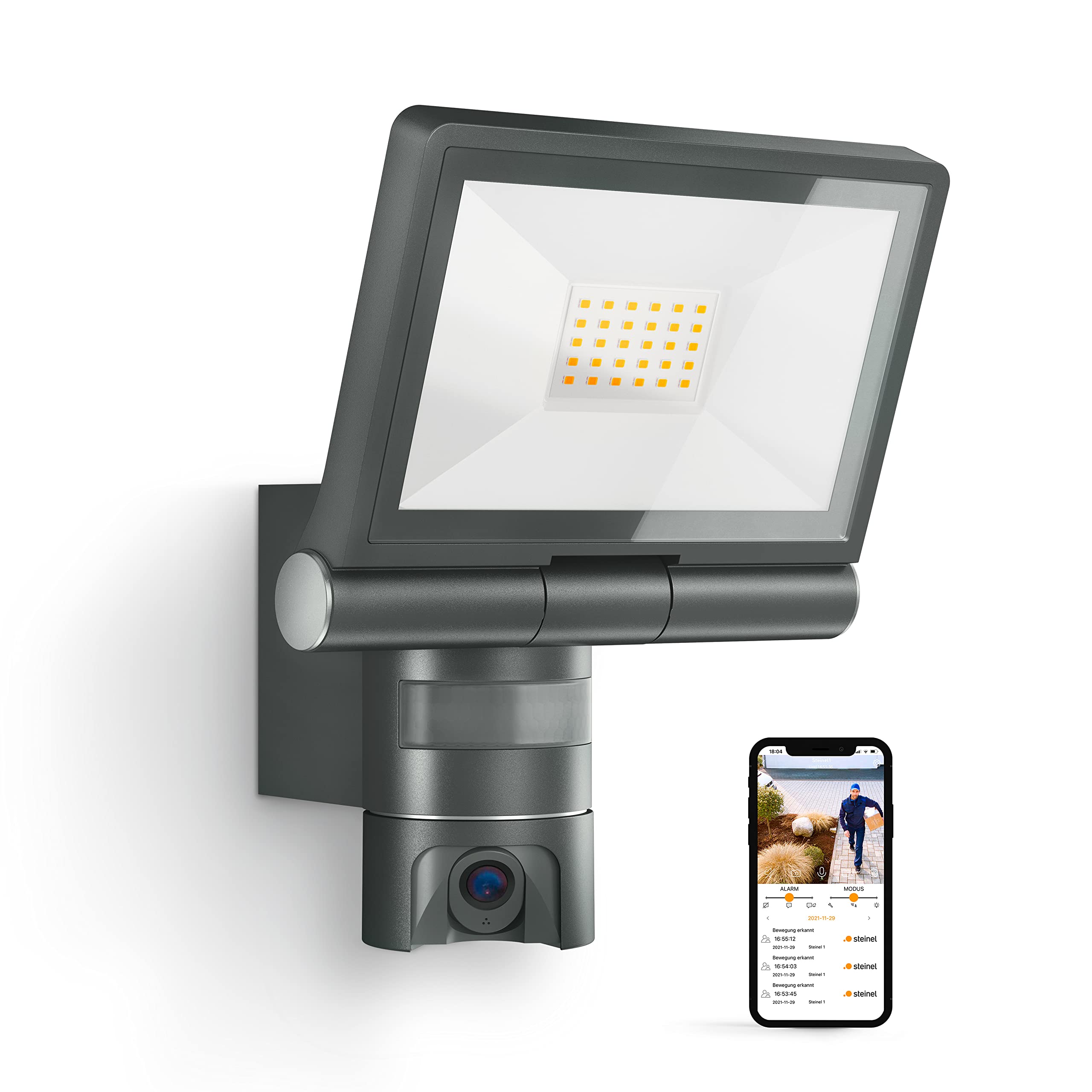 Steinel Outdoor LED projector with XLED CAM 1 SC surveillance camera, intercom, 180° infrared motion detector, 21 W, Anthracite