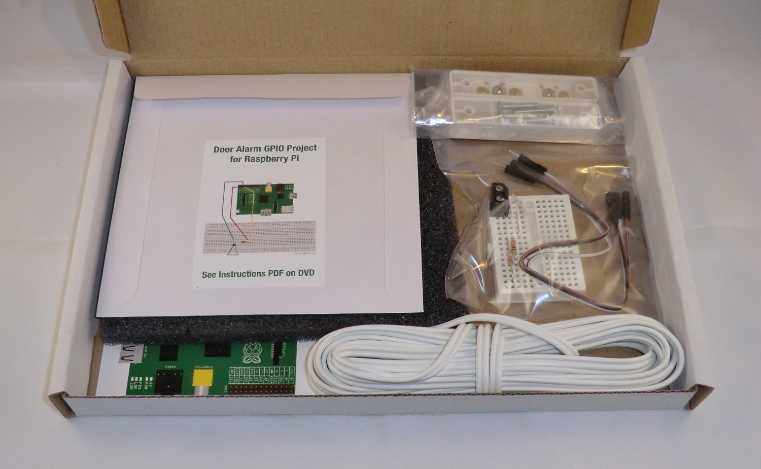 Includes breadboard, magnetic reed switch door sensor, three metres of bell  wire, resistors & connection wires to Pi. Also includes easy-to-follow PDF  ...