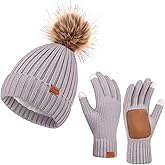 Womens Winter Beanie Hat Gloves Set,Fleece Lined Warm Knit Pom Pom Ski Hat Touchscreen Gloves Set Gifts for Cold Weather