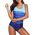 American Trends One Piece Swimsuit Women Criss Cross Back Color Block Print Bathing Suits Athletic Modest Swimwear