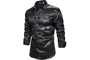 Mens Glitter Sequin Shirts Fashion Satin Blouse Long Sleeve Lapel Dress Shirt 70s Button Down Disco Party Top