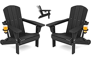 SERWALL Folding Adirondack Chair Set of 2, Adjustable Adirondack Chair with 3 Recline Positions, All Weather HDPE Outdoor Adirondack with Cup Holders, Black