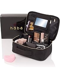 habe Travel Makeup Bag with Mirror - Organize Your Makeup! Make Up Bag Organizer Train Case for Women - Storage Capacity of 3 Cosmetic Bags/Make Up Bags/Make Up Cases (BONUS Make-Up Brush Cleaner)