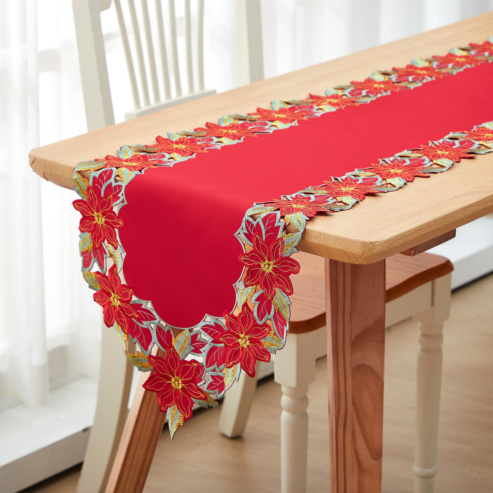 Namalu Christmas Embroidered Table Runner 15 x 70 Inch Christmas Table Linens Cover for Xmas Holiday Dining Decoration Wedding Party Gift Supplies(Poinsettia)