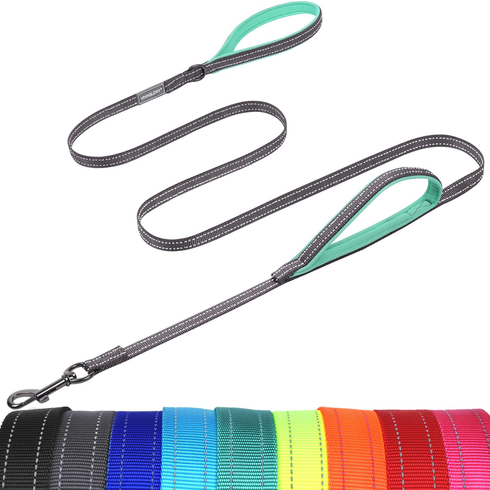 VIVAGLORY Dog Lead Twingrip Double Handle Dog Lead, Leash with Traffic Handle & 2 Loop for Walking & Training, Traffic Control Reflective Heavy Duty for Puppy Pet, 1.5m x 1.4cm, Grey