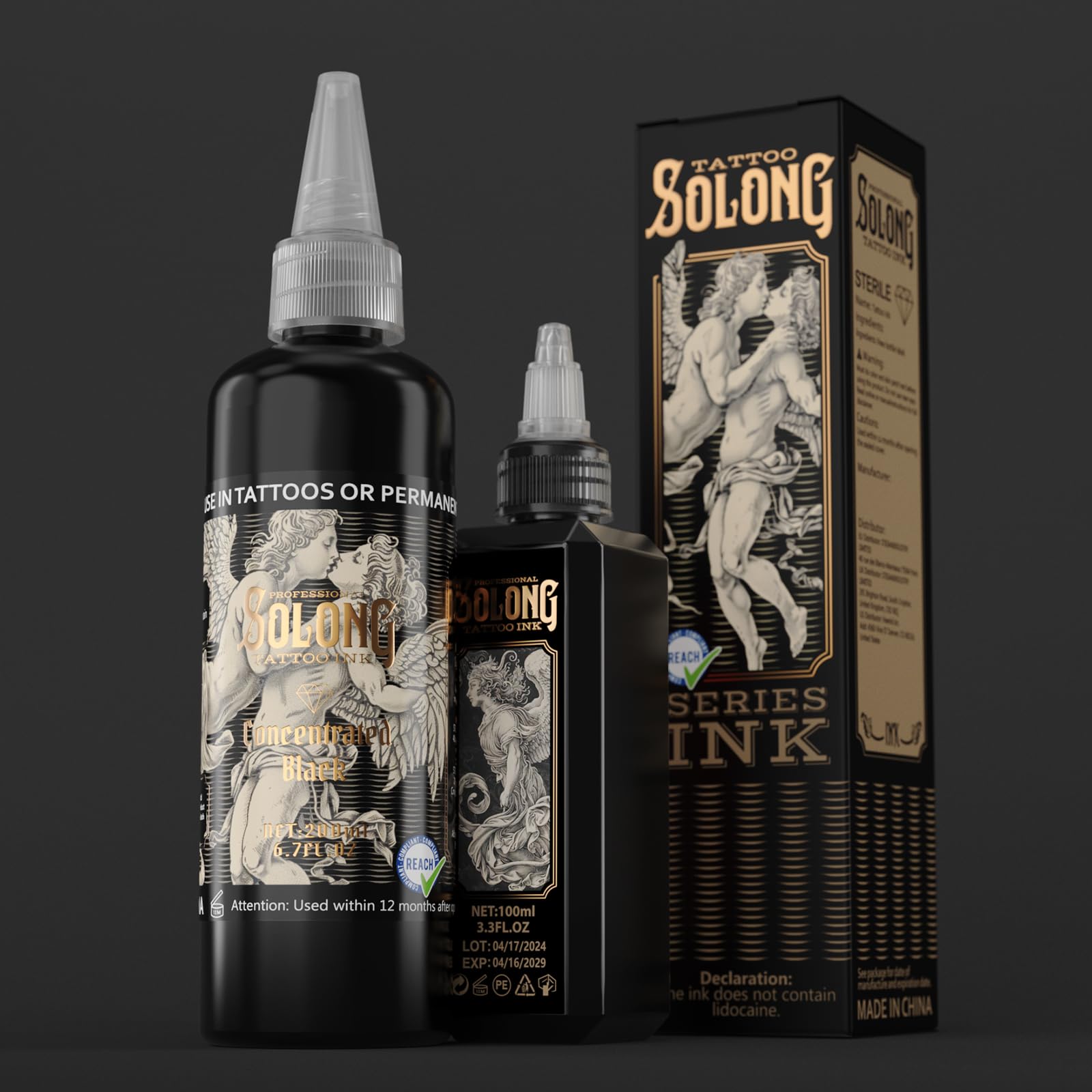 Tattoo Ink,Solong S Series Professional Black Tattoo Ink for Outlining,Shading and Blending-Premium Black Tattoo Supplies-6.7oz(200ml),TI303S-200-031