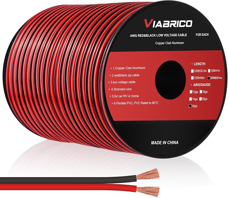 Viabrico 16 Gauge 200ft Electrical Wire Two Conductors Red Black 12V/24V