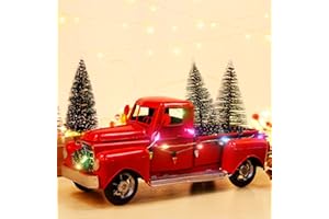 AerWo Little Red Truck Christmas Decor with 2 Mini Trees and LED String Lights - Metal Pickup Truck Car Model for Table Top Decor